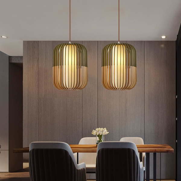 Hängande lampa i trä, metallskärm, lantlig stil, justerbar, över köksö, taklampa för matsal
