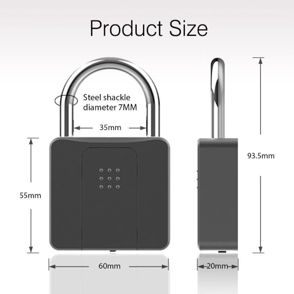 Fingeravtrycksintelligent Hänglås Smart Fingeravtryckshänglås, USB Laddningsbart, Fjärråtkomst, Smart Nyckelfritt Säkerhetslås för iOS/Android, IP65