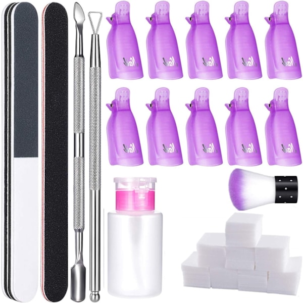Nagellacks-Gelborttagningssats, 10 st Fingernaglar, 600 st Torkande Bomullsrondeller, Pumpflaska, Triangulär Nagelbands-pusher, Nagelfil, Nagelskrapa Manikyrset