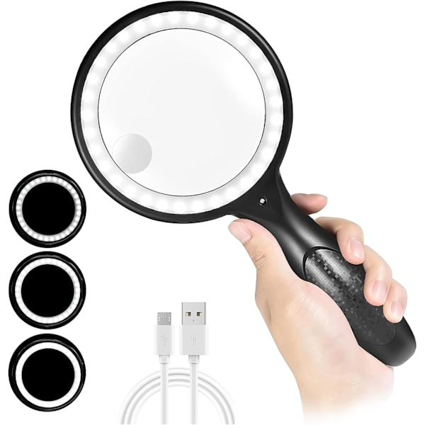 Förstoringsglas med ljus, 5x 10x LED Handhållen förstoringsglas 5X 10x Läsförstoringsglas med ljus, USB Laddningsbar förstoringsglas 3 lägen Läsförstoringsglas svart