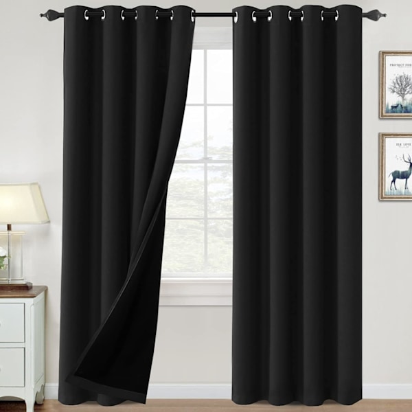 100% Mörkläggningsgardiner för Sovrum Termiskt Isolerande Mörkläggningsgardiner 108 tum Längd Värme och Fullt Ljusblockerande Gardiner för Vardagsrum Jet Black W 52inch x L 108inch