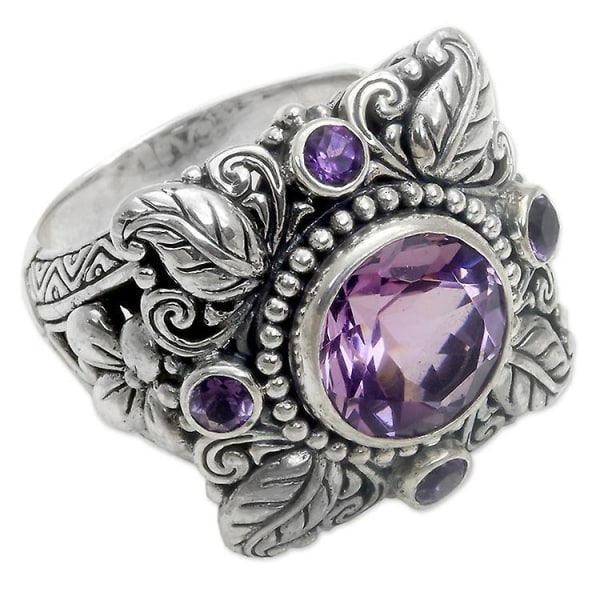 Vintage Blomster-utsmyckad Ametist Ring - Dam Ametist Ring Med Diamanter