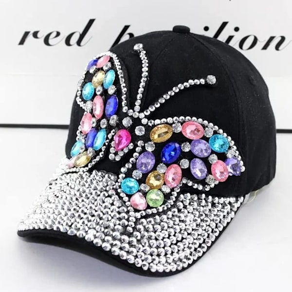 Baseballkeps för kvinnor med fjäril, snapback, strass, solhatt, justerbar denimhatt, glittrande bling, bomullshatt för flickor, svart
