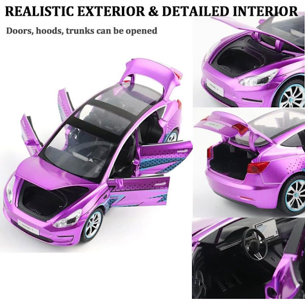 1/24 Skalig Diecast Bilmodell 3, Legering Diecast Leksaksbilar Drag tillbaka Leksaker med Ljud & Ljus, Fordon Leksaker för Barn Present Bilälskare Samling lila