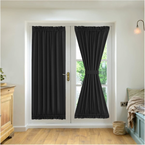 2-Panel Franska Dörrgardiner, Sekretessgardiner Sidoljuspanel, Mörkläggningsgardiner för Sovrum, med 2 Band, för Framdörr Ingångsdörr Hallfönster Black Width132cm x Height183cm