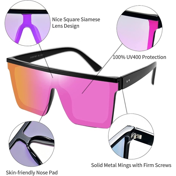 Heytea 2 par fyrkantiga platta solglasögon för kvinnor män, stort mode överdimensionerade båglösa solglasögon Stora spegelvända solglasögon