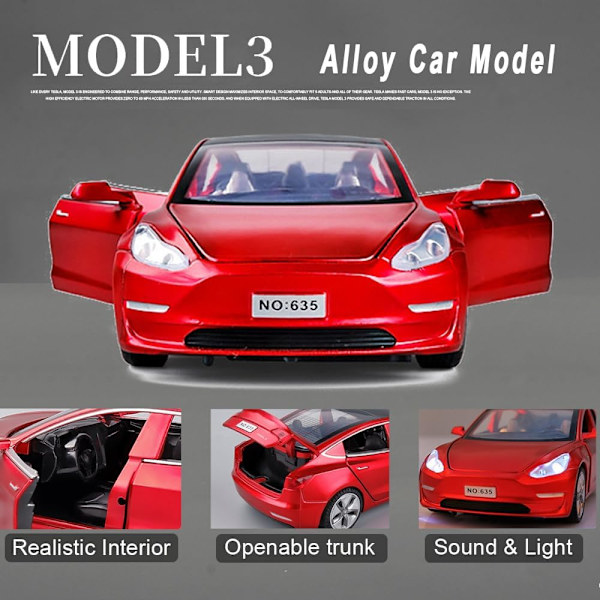 1/24 Skalig Diecast Bilmodell 3, Legering Diecast Leksaksbilar Drag tillbaka Leksaker med Ljud & Ljus, Fordon Leksaker för Barn Present Bilälskare Samling röd