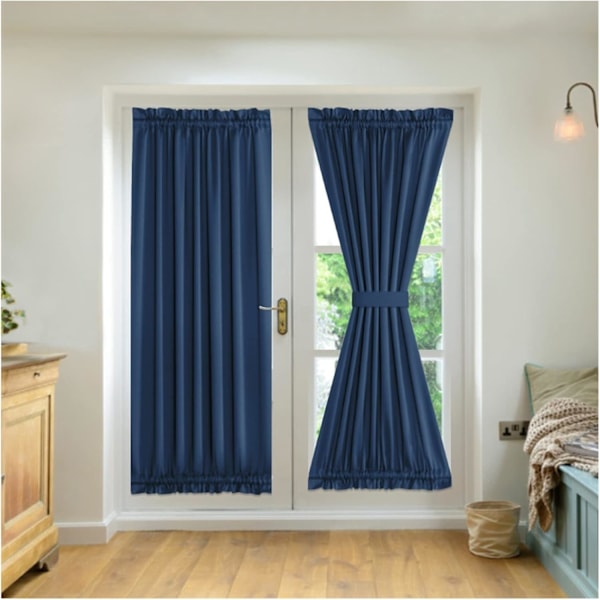 2-Panel Franska Dörrgardiner, Sekretessgardiner Sidoljuspanel, Mörkläggningsgardiner för Sovrum, med 2 Band, för Framdörr Ingångsdörr Hallfönster Dark Blue Width132cm x Height183cm