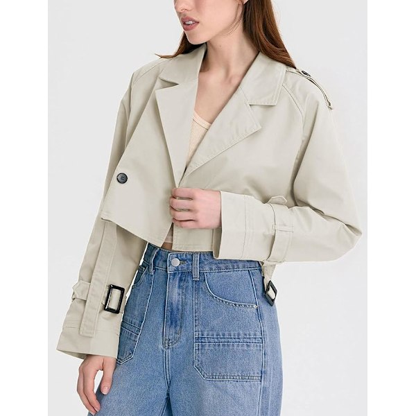 Kvinnors Kort Jacka Långärmad Bältad Trenchcoat Enfärgad Beige L