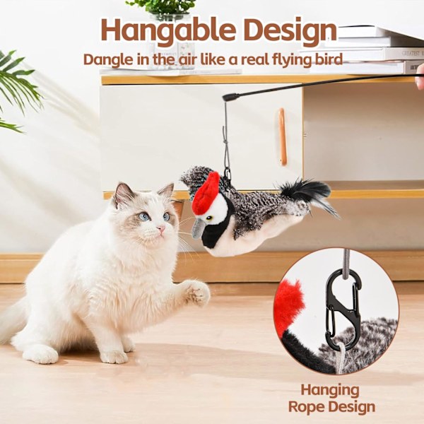 Interaktiva Katt Leksaker, Laddningsbar Kvittrande Fladdrande Fågel (flyger inte) med Kattmynta för Innekatter, Beröringsaktiverad, Plysch Kattunge Träning Leksaker Woodpecker
