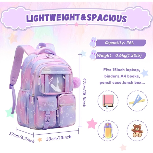Ryggsäck för flickor - Skolväska för mellanstadiet - Bokväska för grundskolan - Kawaii Ita Ryggsäck Purple