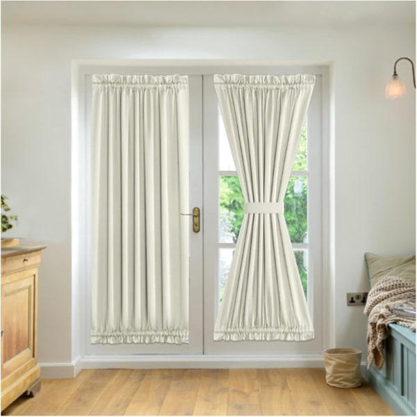 2-Panel Franska Dörrgardiner, Sekretessgardiner Sidoljuspanel, Mörkläggningsgardiner för Sovrum, med 2 Band, för Framdörr Ingångsdörr Hallfönster Off White Width132cm x Height183cm