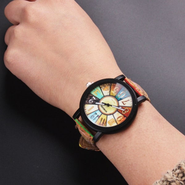 Vintage Quartz klockor för kvinnor med flerfärgat mönster läder klockband Casual armband Watch Wonderful Gift W