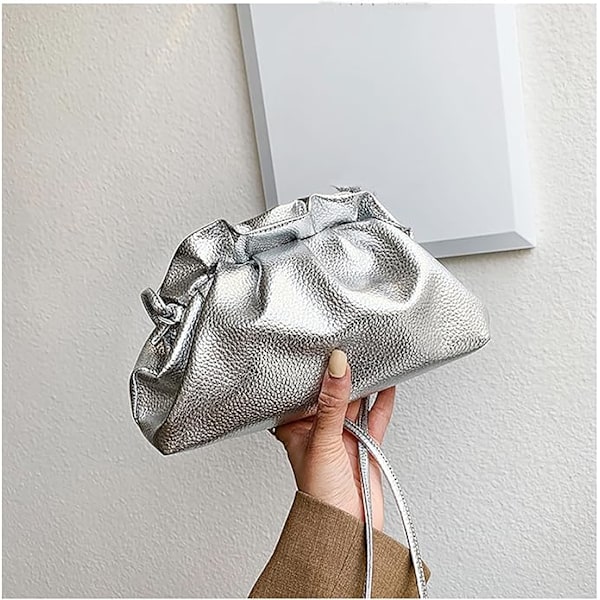 Damska Cloud-formad Dumpling Bag Mode Ruched Bag Clutch Plånbok Clip Axelväska Elegant Bankettväska Silver