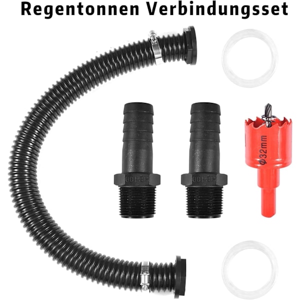 32 mm anslutningskit för regnvattentunna, anslutningsslang för regnvattenuppsamlare, med 50 cm anslutningsslang och 2 st 25 mm slangar, med låsmutter