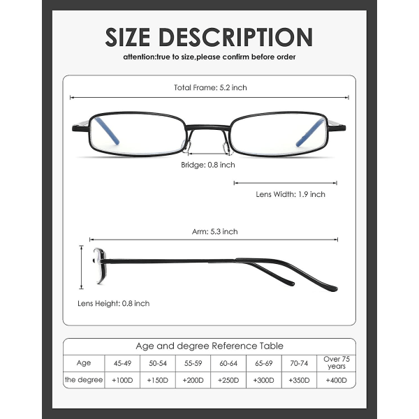 3-pack läsglasögon med smal ficka för män Kvinnor Blåljusblockerande kompakta läsare Fjädergångjärn Metallram Glasögon med bärbar pennklämma Tube C 350 Diopters