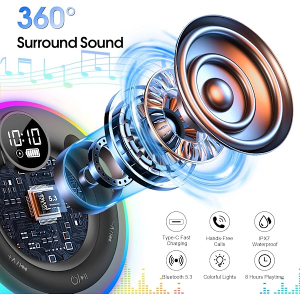 Portabel Bluetooth-högtalare, Duschhögtalare, Vattentät IPX7, Bluetooth Musikbox med Ljus, LED-Display, Handsfree-funktion