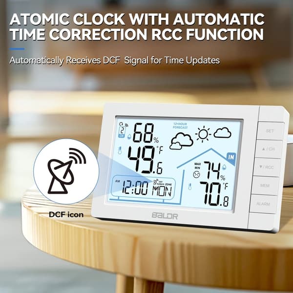 BALDR Väderstation Digital DCF Atomisk Väckarklocka Kalender Hygrometer Termometer Komfort Frostvarning Prognossensor 100M E0562
