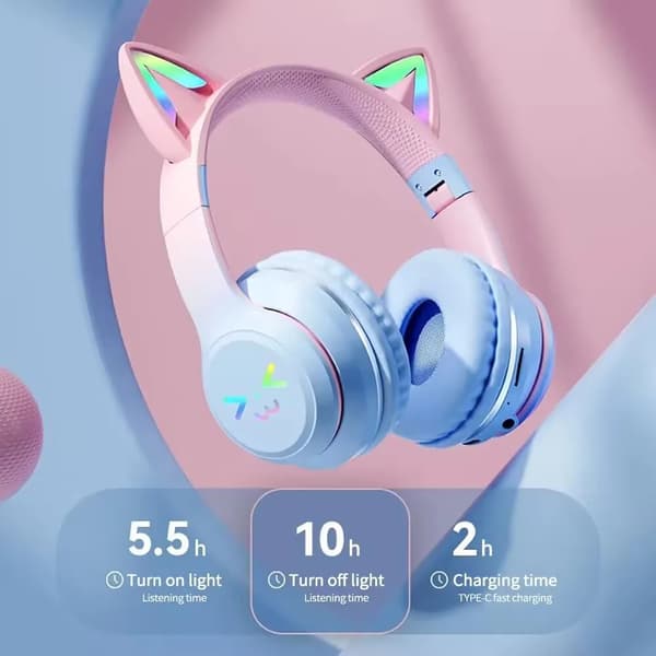Blixtljus Rosa Söta Katöron Hörlurar Trådlösa Bluetooth Hörlurar Over-ear Brusreducerande Vikbart Headset Flickpresent Öronproppar Gradient Purple