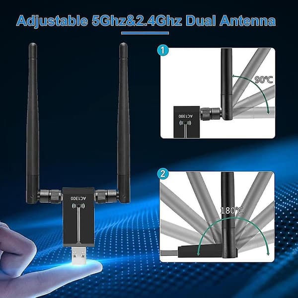1300 Mbps USB WiFi-adapter med lång räckvidd för PC, stationär dator, bärbar dator, dubbelbands 2,4 GHz 5