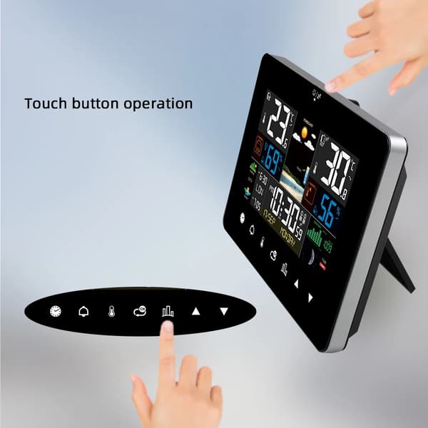 Multifunktionell väderstations väckarklocka pekskärm termometer hygrometer trådlös sensor soluppgång solnedgång hygrotermograf Black Sensor