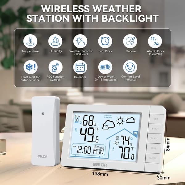 BALDR Väderstation Digital DCF Atomisk Väckarklocka Kalender Hygrometer Termometer Komfort Frostvarning Prognossensor 100M E0562