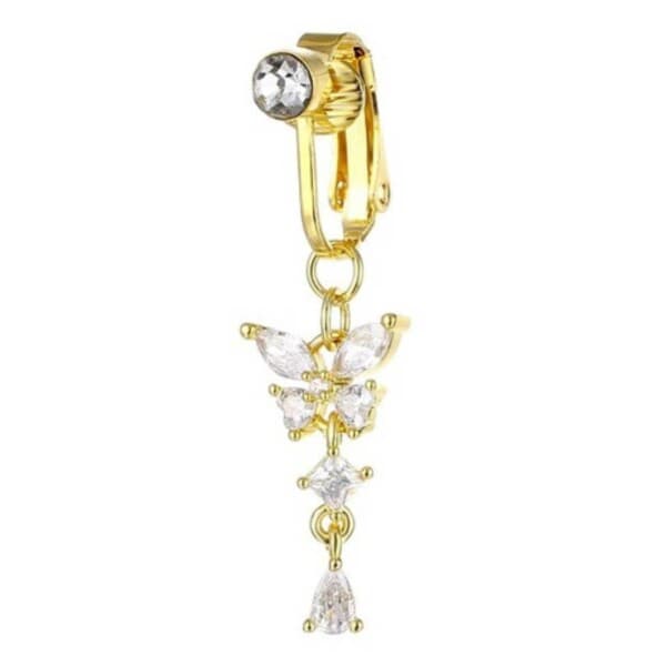 Falsk navlepiercing clip-on navlering uten hull sommerfugl krystall gull