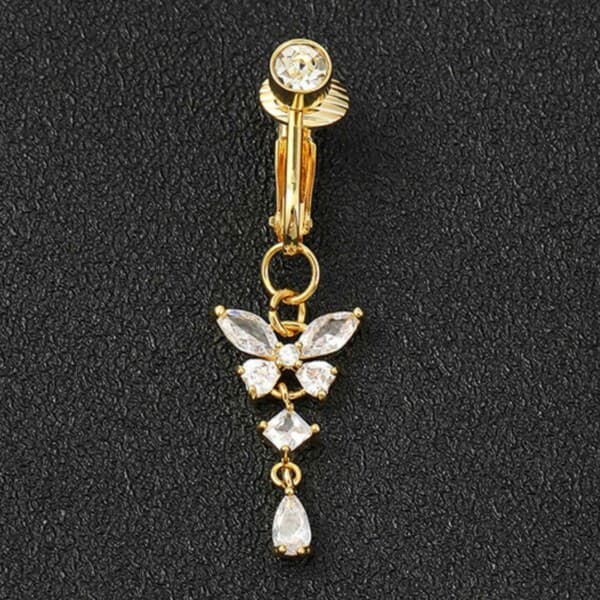 Falsk navlepiercing clip-on navlering uden hul sommerfugl krystal guld