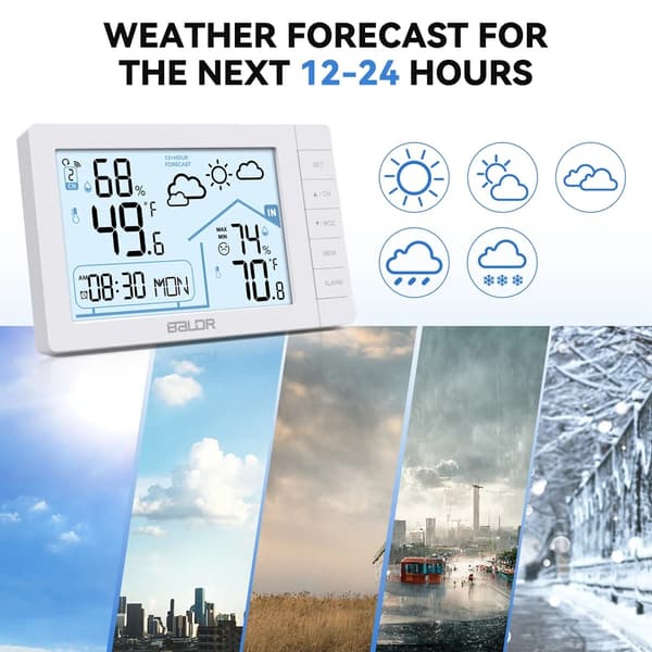 BALDR Väderstation Digital DCF Atomisk Väckarklocka Kalender Hygrometer Termometer Komfort Frostvarning Prognossensor 100M E0562