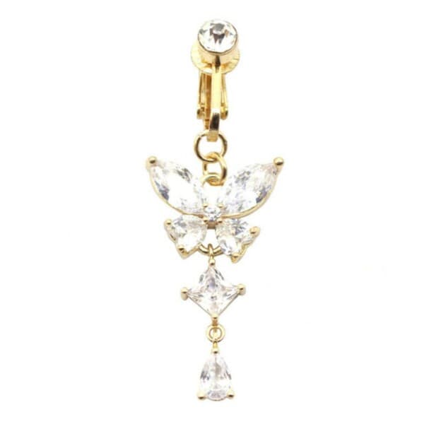 Falsk navlepiercing clip-on navlering uden hul sommerfugl krystal guld