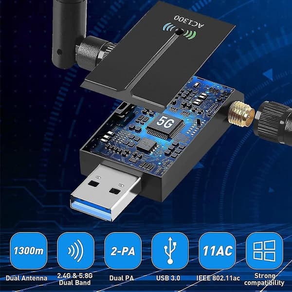 1300 Mbps USB WiFi-adapter med lång räckvidd för PC, stationär dator, bärbar dator, dubbelbands 2,4 GHz 5