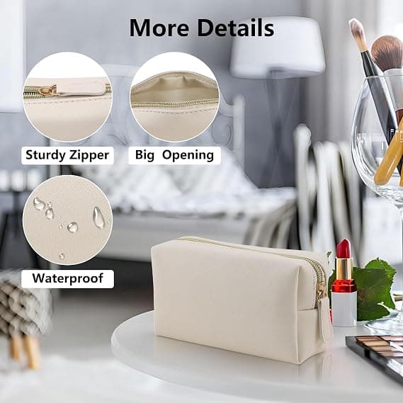 1 læder makeuptaske, bærbar lille kosmetikarrangør (til kvinder og piger), med lynlås, beige beige