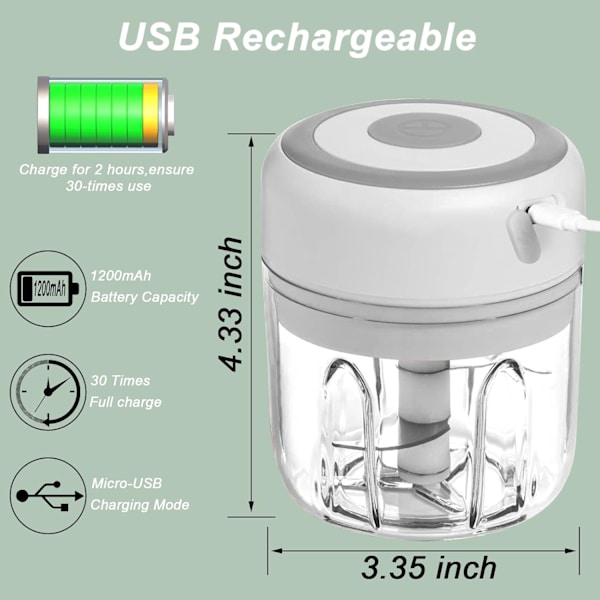 Elektrisk hvidløgshakker, 250 ml grøntsagshakker, løghakker, bærbar lille foodprocessor - 250 ml hvid