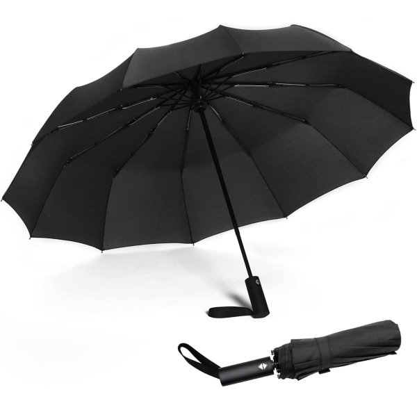 12 ribiä vahva, kokoontaittuva sateenvarjo, jossa automaattinen avaus-kiinni -painike, kompakti (musta)