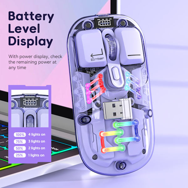 Transparent trådløs mus 3 tilstande (BT5.1/BT5.1/2.4G) Bluetooth mus lydløs genopladelig silm bærbar mus black