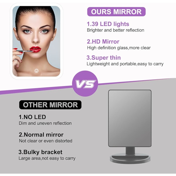 Lighted Makeup Mirror med lys, Vanity Mirror med LED lysstyrke justerbar bærbar USB oppladbar-hvit