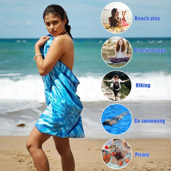 Mikrofiber strandhandduk dubbelsidig, överdimensionerad snabbtorkande sandfri handduk, 153*77 cm stora blå strandhanddukar för vuxna barn, poolhandduk, gymhandduk
