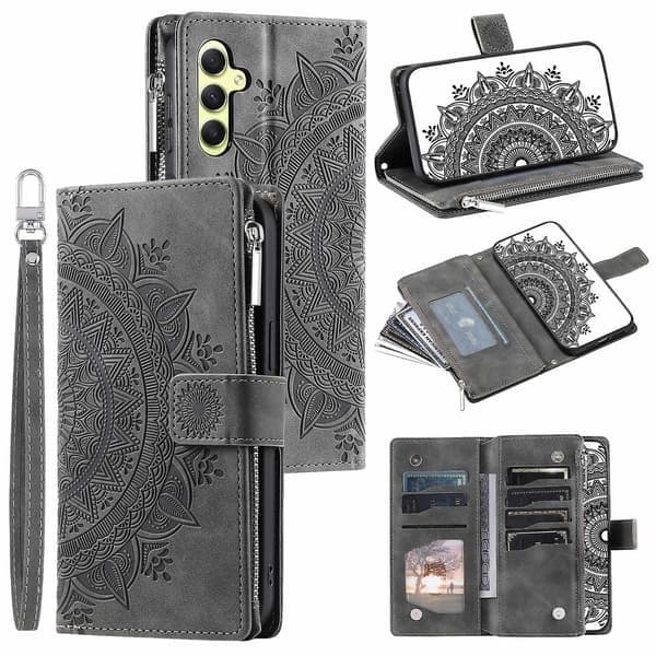 Till Samsung Galaxy A55 5G Mobilskal Mandala Mönster Läderfodral med Rem Grå