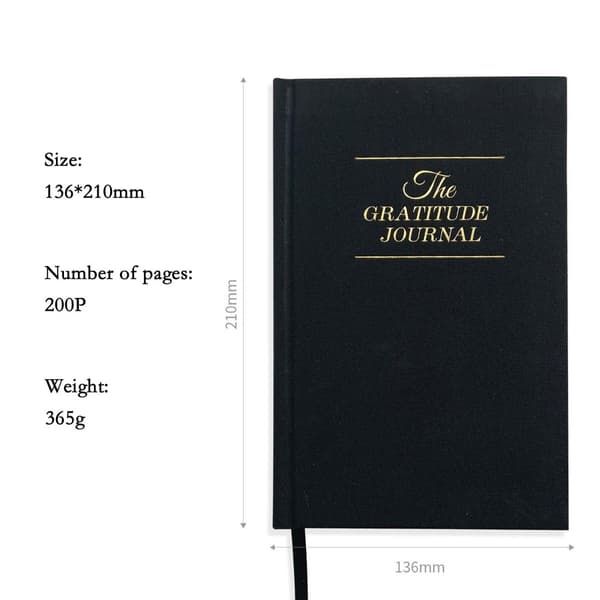 A5 Daglig Taknemmelighedsdagbog - Linned Hardcover Notesbog med Tykt Papir til Refleksion og Positivitet Sort Black