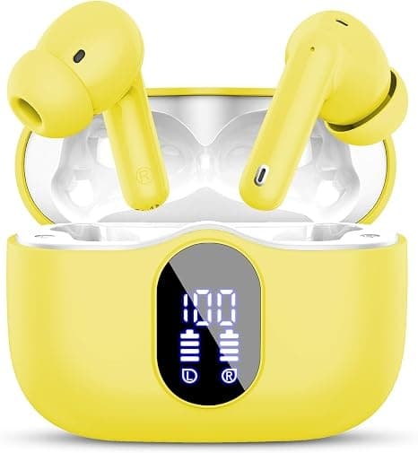 Trådløse hovedtelefoner Bluetooth 5.4 med LED-display, støjreducerende mikrofon, HiFi Stereo In-Ear hovedtelefoner, IP7 vandtæt til iPhone Android Yellow