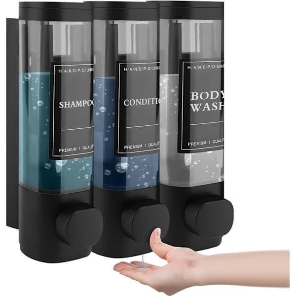 Vægmonteret sæbedispenser - 3-rums brusedispenser 300ml x3 til shampoo og sæbe sort Black