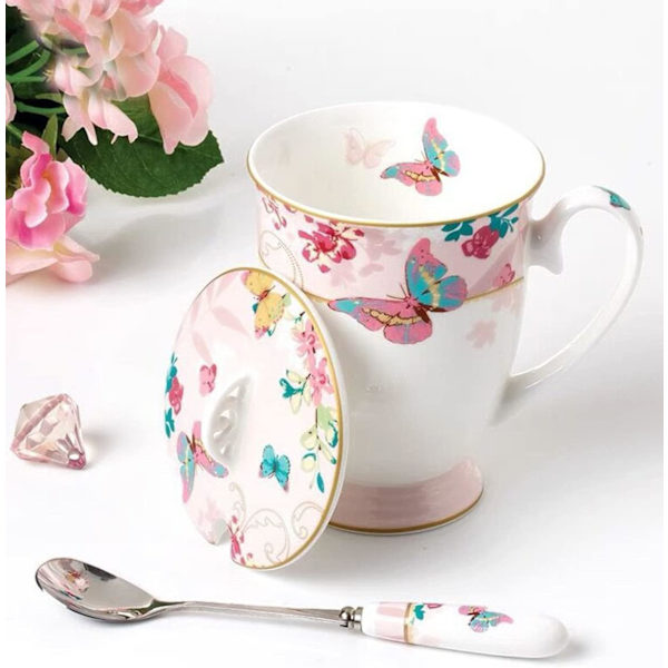 Tech Euro Style Porslin Te-kopp Kaffe Mugg med Lock för Frukost Hem Kök ((Fjärilsmönster) (Rosa)) A