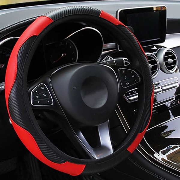 Bilratdæksel Læder, skridsikkert elastikbånd uden indre ring ratdæksel Størrelse 37-38 cm /14,5-15 tommer (rød)