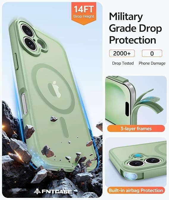 FNTCASE til iPhone 16 Plus-deksel med skjermbeskytter, MagSafe-kompatibel, klar matt, støtsikker skall i militær kvalitet, lys mose Light Moss