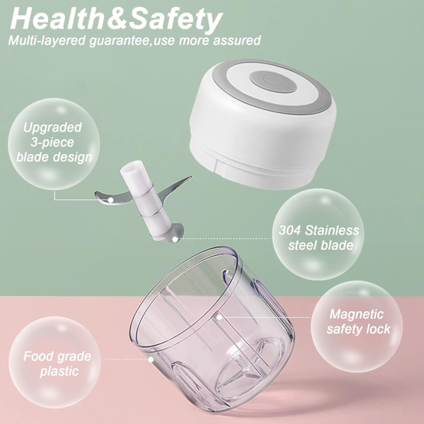 Elektrisk hvidløgshakker, 250 ml grøntsagshakker, løghakker, bærbar lille foodprocessor - 250 ml hvid