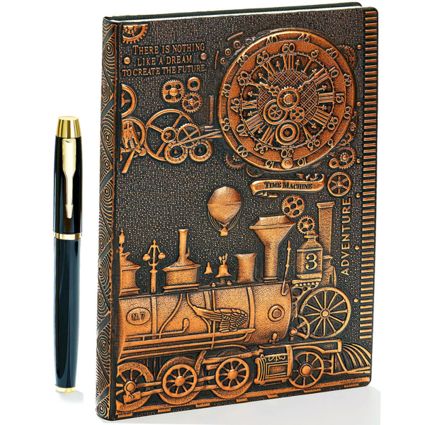 Vintage 3D præget læder skrivejournal, A5.200 sider, antik håndlavet daglig notesblok skitsebog, rejsedagbog og notesbog (tog-(rød bronze))