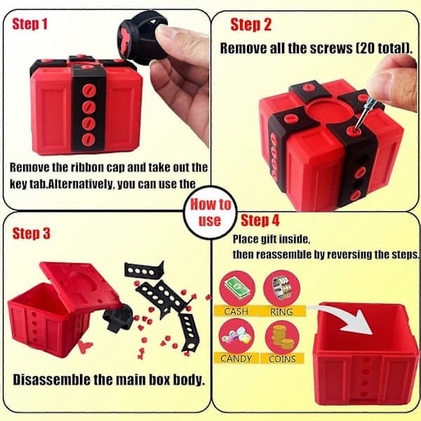 Irriterande presentförpackning med skruvar, irriterande presentförpackning med vridförvaring, 3D-printad presentförpackning med skruvar för barn och vuxna, röd v Red White