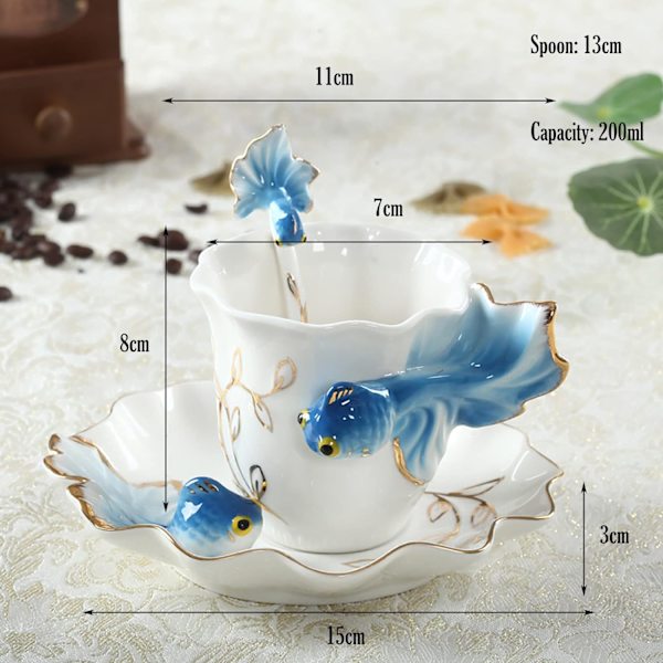 Keramisk tekopp, 3D guldfisk kaffekrus sæt, Fashion håndlavet porcelæn emalje guldfisk kaffekop med underkop og ske sæt porcelæn tekopp blue
