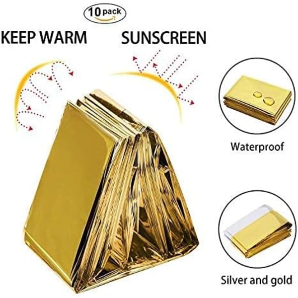 10-pack 210x130cm Extra Stora Nödblanketter i Folie Guld Vattentät Mylar Överlevnadsfolie Varma för Camping Vandring Ryggsäck Första Hjälpen-kit 130*210cm