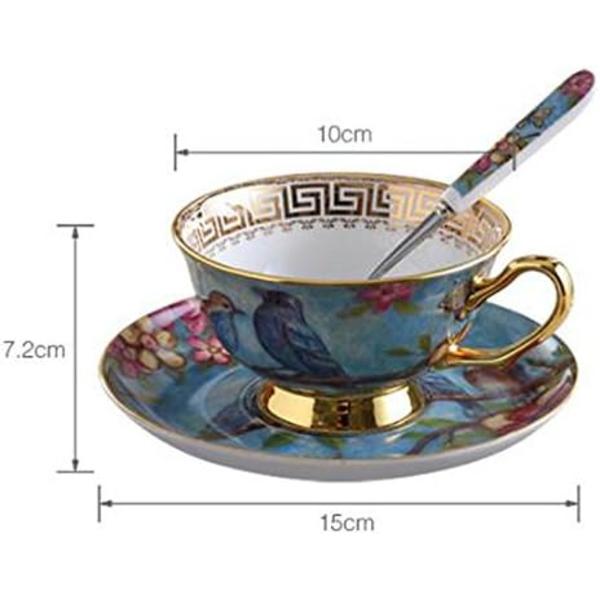 Tech Euro Style Kop& Underkop Sæt, Bone China Tekop Kaffe Kop til Morgenmad Hjem Køkken- Fugle og Træer Mønstre (Blå)